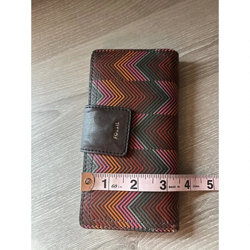 Fossil Logan Bifold Wallet Multicolor Chevron Coated‎ Canvas Leather Trim Slim